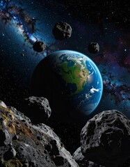 Earth surrounded by asteroids in space