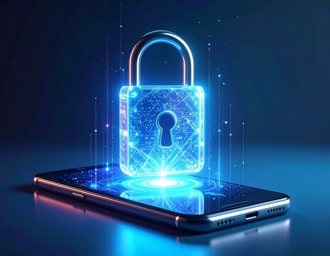 Glowing digital lock hologram projected from smartphone, futuristic security concept.