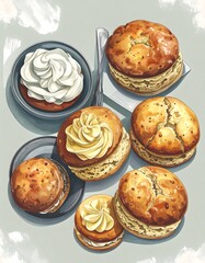 Assorted pastries, top-down view. Fluffy whipped cream and buttery scones