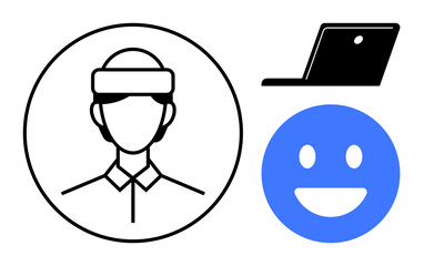 Obraz premium Avatar with a headset, blue happy face emotion, and laptop icon representing digital communication, virtual support, and technology engagement. Ideal for remote work, customer support, online