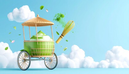 Matcha Tea Cart in the Sky with Whisk and Floating Leaves.