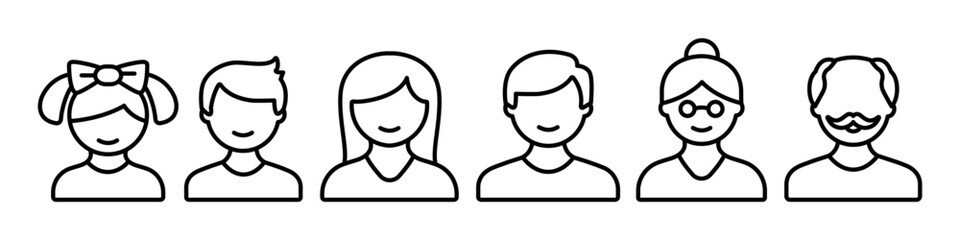 Set of male and female portrait at different ages. Child, adult and elderly line icons. People ages from young to old vector illustration for info graphics and websites