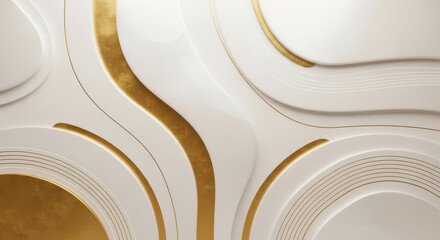Elegant Gold Waves: A luxurious and sophisticated abstract background with flowing white and gold curves and lines, evoking a modern art deco style for elegant wedding or luxury designs.