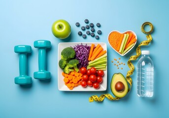 Healthy Lifestyle: Fresh Vegetables, Fruits, Dumbbells, and Water on Blue Background