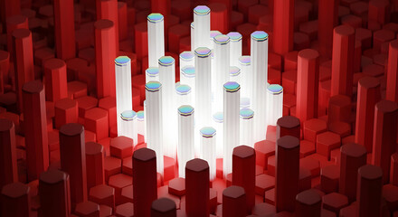 Hexagons columns red white light abstract geometric pattern design texture background 3d render art illustration modern futuristic bright glow surface