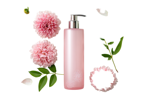 Pink bottle of lotion or cream surrounded by delicate pink flowers and leaves