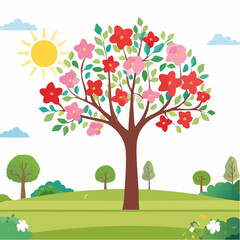 Vector watercolor blooming flower tree side view isolated on white background for landscape and architecture drawing, elements for environment or and garden,Sakura trees for .