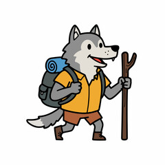 Happy cartoon wolf hiker with backpack and walking stick explores nature