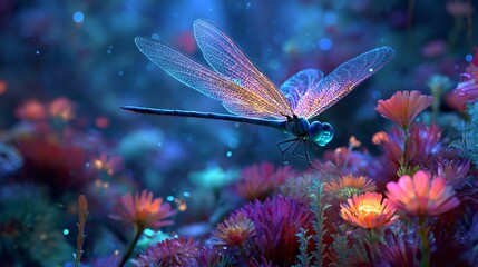 Illuminated Dragonfly Gliding Through a Magical, Dreamlike Garden at Nighttime