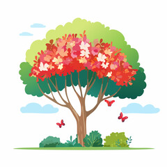 Vector watercolor blooming flower tree side view isolated on white background for landscape and architecture drawing, elements for environment or and garden,botanical elements for .