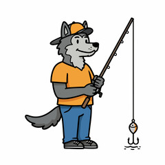 Fototapeta premium Cartoon wolf angler patiently waits for a bite with fishing rod and bait