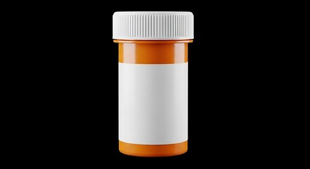 Clean, modern orange prescription bottle with blank white label and ribbed white cap on black background, ready for customization and medical, pharmaceutical, or health-related concepts.