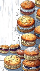 Assorted scones and cream pastries on a white surface