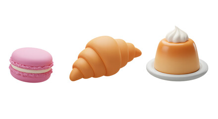 3d Cute Cartoon French Desserts Macaron Croissant Pudding Isolated Transparent Background