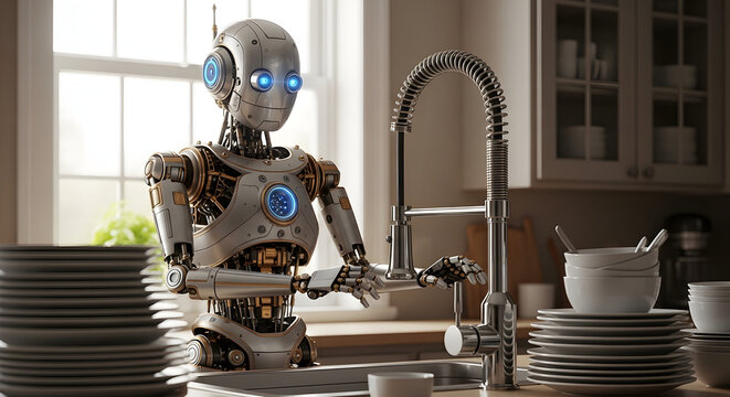 Robot ai kitchen appliance futuristic technology automation domestic helper home service housework cleaning dishes sink faucet modern design artificial intelligence