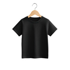 A black child's t-shirt hangs on a wooden hanger