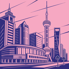 Shanghai skyline showcases the Oriental Pearl Tower and diverse architecture in a striking pink backdrop