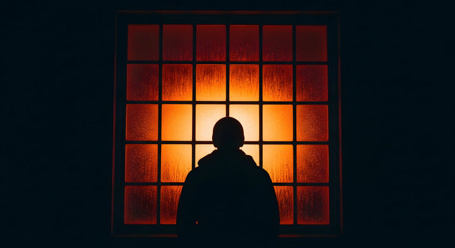 Silhouette window light dark figure person mystery orange glow indoor contemplation reflection solitude loneliness mood dramatic backlight shadow human form thinking