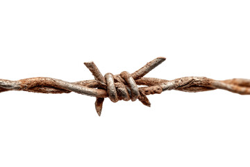 Close-up of rusty barbed wire, showing a knot