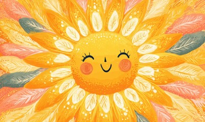 A cheerful sun surrounded by colorful leaves