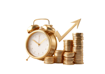 Golden alarm clock atop a stack of coins, with a rising gold arrow graph