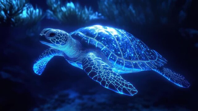 Glowing sea turtle underwater