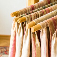 Colorful striped fabrics hanging on wooden rods