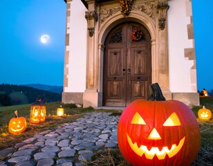 Halloween chapel scene at twilight