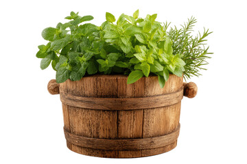 Fresh herbs in a rustic wooden barrel.  A mix of vibrant green herbs, including mint and basil, are nestled in a weathered, light brown wooden barrel with turned handles