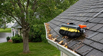Gutter cleaning brush on a shingle roof with fallen leaves