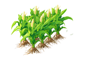 Corn stalks in rows, showing roots