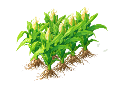 Corn stalks in rows, showing roots