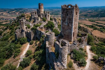 Fototapeta premium Ancient castle ruins on a hilltop overlooking a vast landscape during a clear sunny day