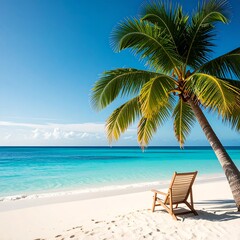 Tropical beach scene with palm tree and chair