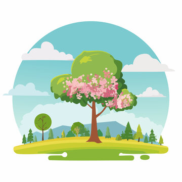 blooming tree landscape scene cartoon style clip art preview
