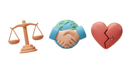 3d Cute Cartoon Social Issues Set Justice Peace Broken Heart Isolated Transparent Background