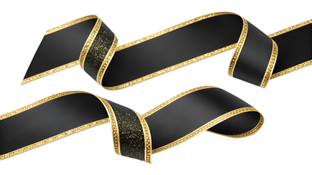 Black satin ribbons with gold glitter edges PNG set –  luxurious elegant decorations, glossy texture, isolated transparent background