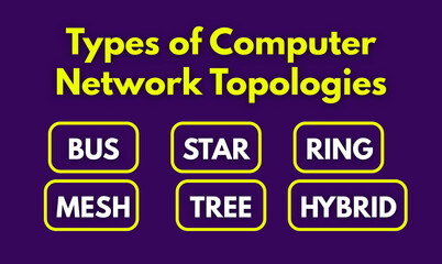 Fototapeta premium Types of computer network topologies, bus topology, ring topology, star topology, mesh topology, tree topology, hybrid topology