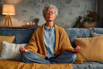Fototapeta premium Senior woman meditating peacefully in a cozy living room with warm lighting and comfortable furnishings