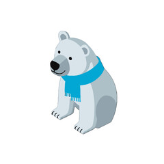 Vector art of cute cartoon polar bear wearing a blue scarf, sitting and looking to the side
