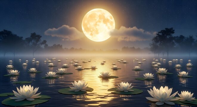 Beautiful full moon night with glowing reflection on lake surrounded by white lotus flowers, serene landscape symbolizing peace, spirituality, and Sharad Purnima celebration