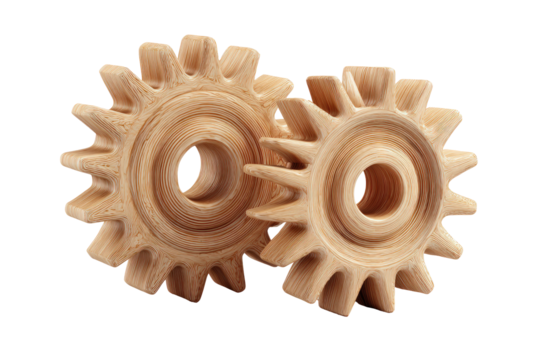 Two interconnected wooden gears, light beige color,  close-up view, against a black background. 