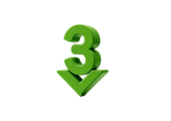 3D green number three with downward-pointing arrow