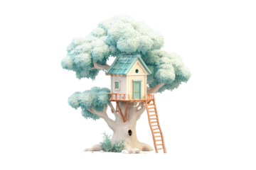 Pastel-toned treehouse nestled high in a snowy tree.  A tiny, light-blue treehouse sits atop a sculpted, light-gray tree with light-blue snow-like detail.