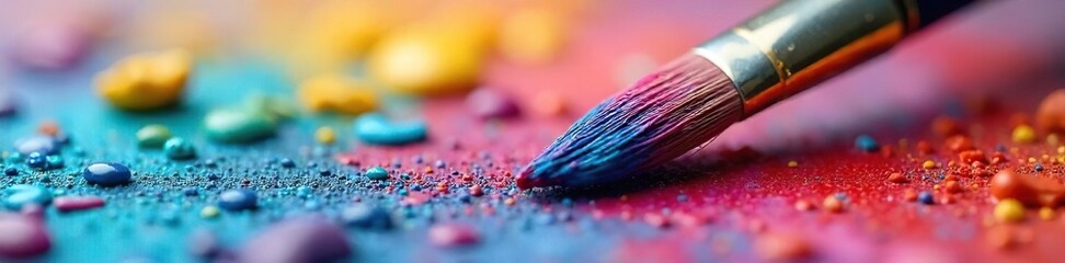 Fototapeta premium Close-up of a paintbrush dripping with vibrant, saturated colors Ready to create a masterpiece! Perfect for art, design, and creativity projects , rainbow, watercolor