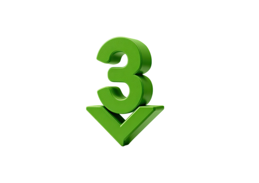 3D green number three with downward-pointing arrow