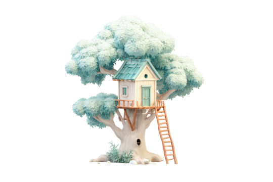 Pastel-toned treehouse nestled high in a snowy tree.  A tiny, light-blue treehouse sits atop a sculpted, light-gray tree with light-blue snow-like detail.