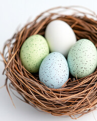 Obraz premium Closeup of a delicate nest holding pastel speckled eggs bathed in soft light, showcasing rustic texture, gentle colors, and the fragile beauty of springtime.