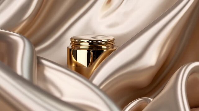 A luxurious golden jar rests elegantly on smooth, shiny satin fabric, reflecting soft light. The scene highlights beauty, sophistication, and premium skincare with its rich textures and glamorous appe