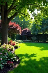 Fototapeta premium Serene backyard oasis featuring lush green grass, vibrant flowerbeds, and mature trees providing ample shade Perfect for relaxation and outdoor entertaining , landscaping, blooming